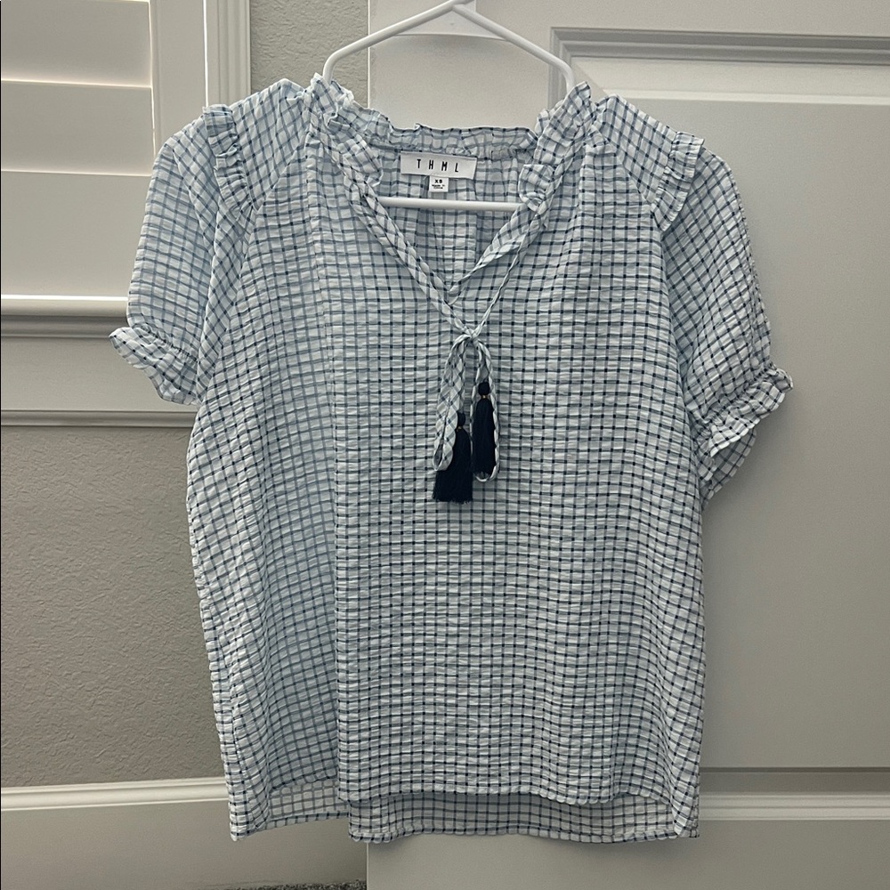THML Light Blue Plaid Blouse with Tassels